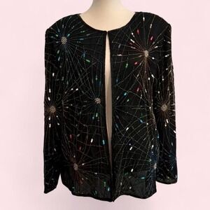 Laurence Kazar Black 100% Silk Beaded Starburst Blouse Size 3XL